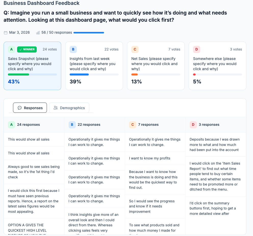 Interface feedback test results showing 56 responses